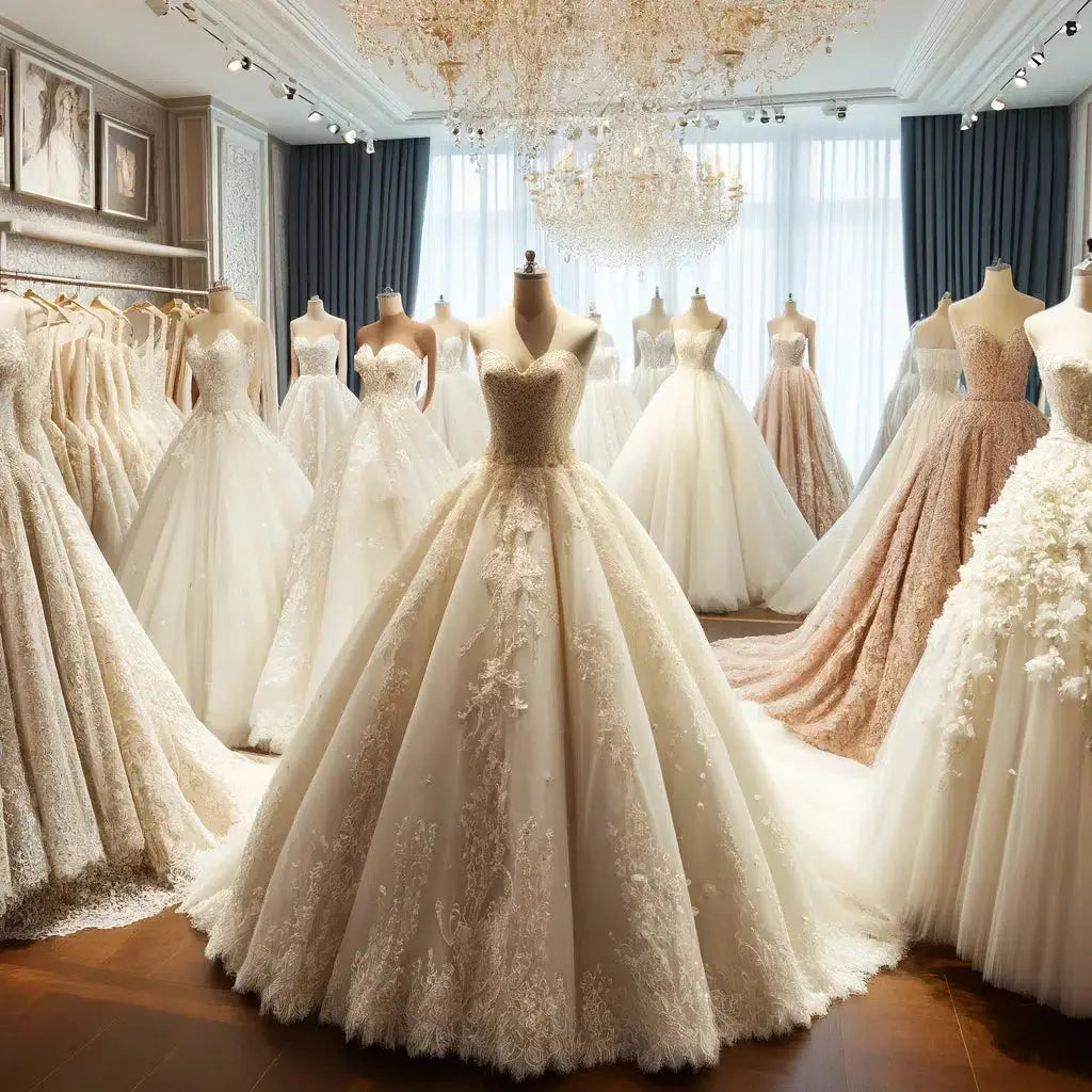 Bridal boutique displaying elegant ball gown wedding dresses with lace and beading, perfect for a dream wedding.