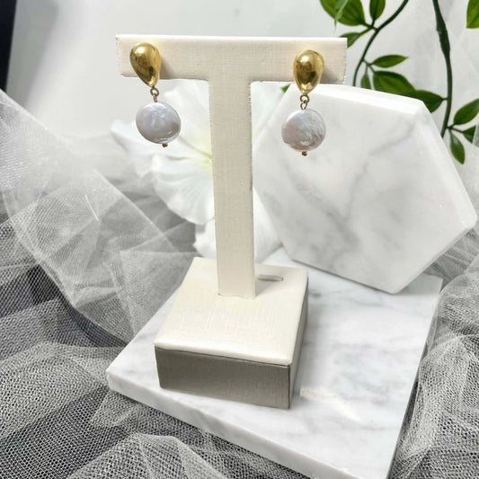Sally Exquisite Natural Freshwater Pearl Drop Earrings featuring 3 cm long and 1.4 cm wide pearls, crafted from stainless steel, trendy and waterproof jewellery for women.