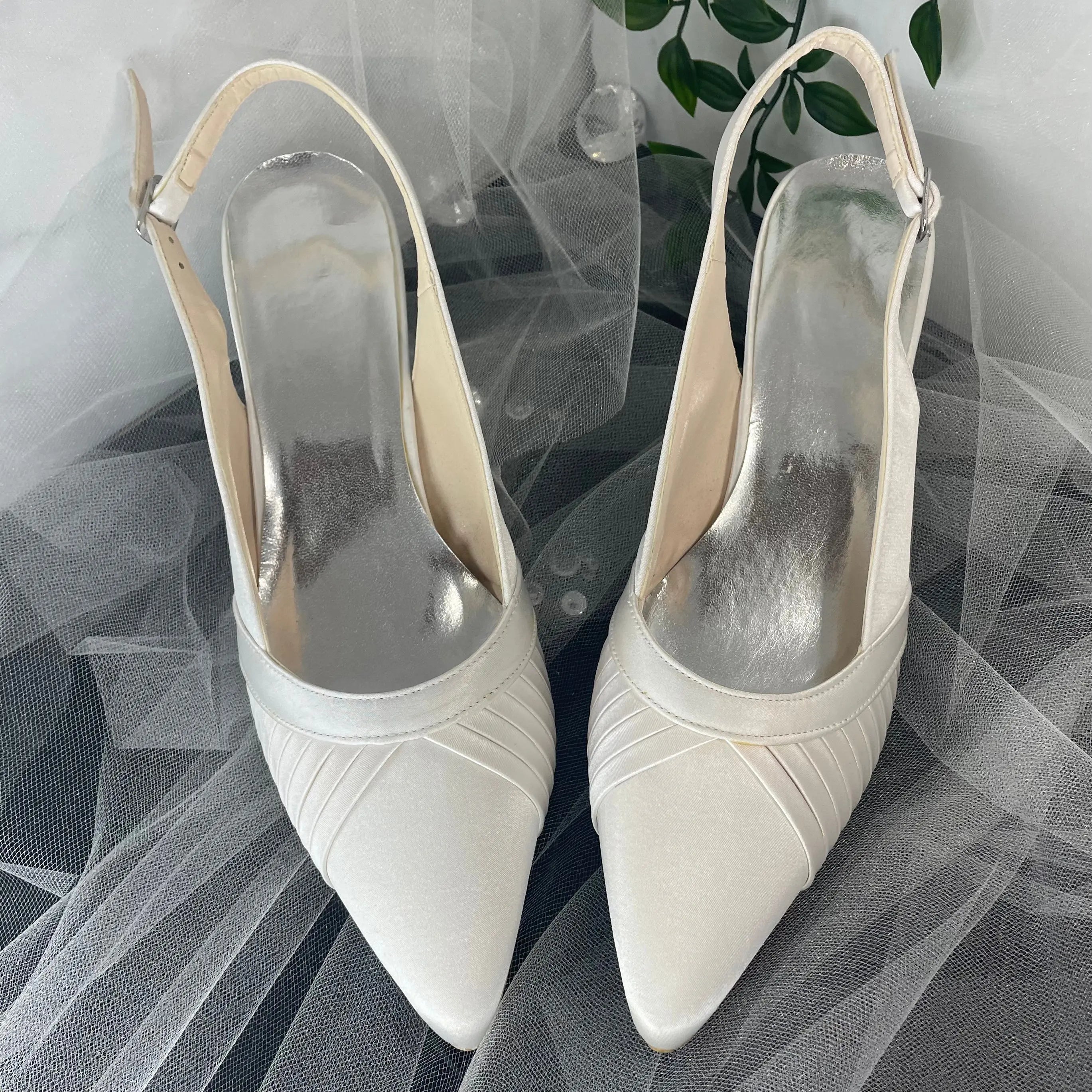 Beverly Bridal Shoe Front View Pair: Front view of two Beverly Pointed Toe Wedding Bridal Shoes highlighting the elegant design and heel height.