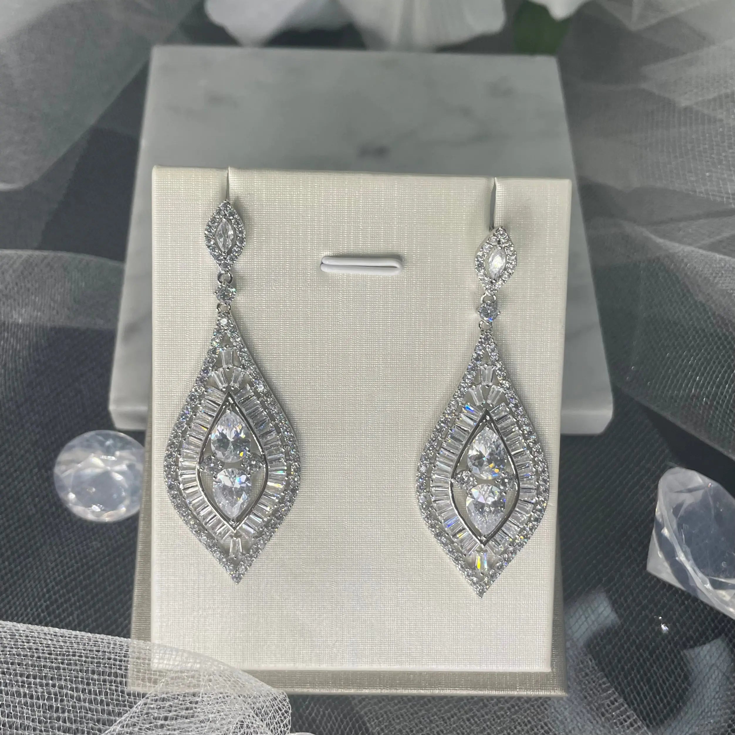 Luxurious Cubic Zirconia Dangle Earrings in Silver - Divine Bridal's Brooke Collection