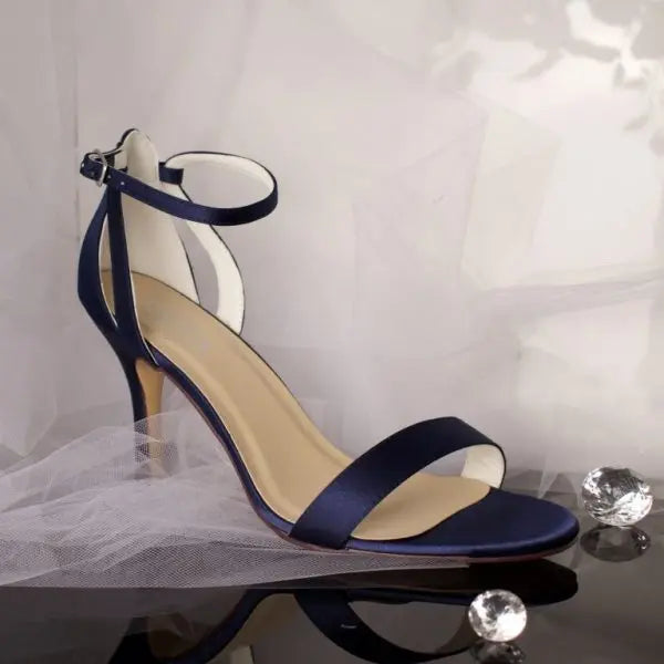 Cara Bridal Shoe Side View Pair: Side view of two Cara Open Toe Wedding Bridal Shoes highlighting the elegant design and dark blue color.
