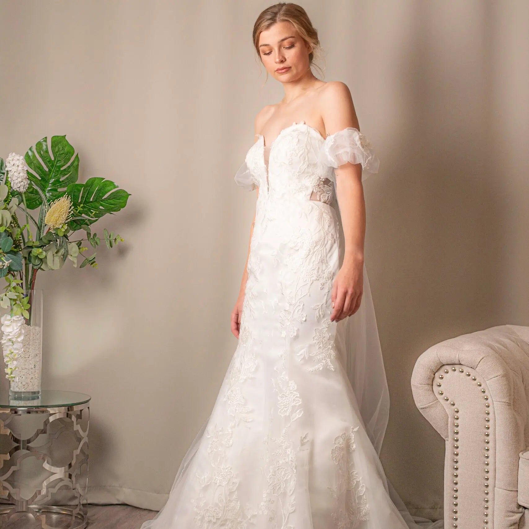 Catherine lace mermaid bridal gown with optional detachable tulle skirt from Divine Bridal.