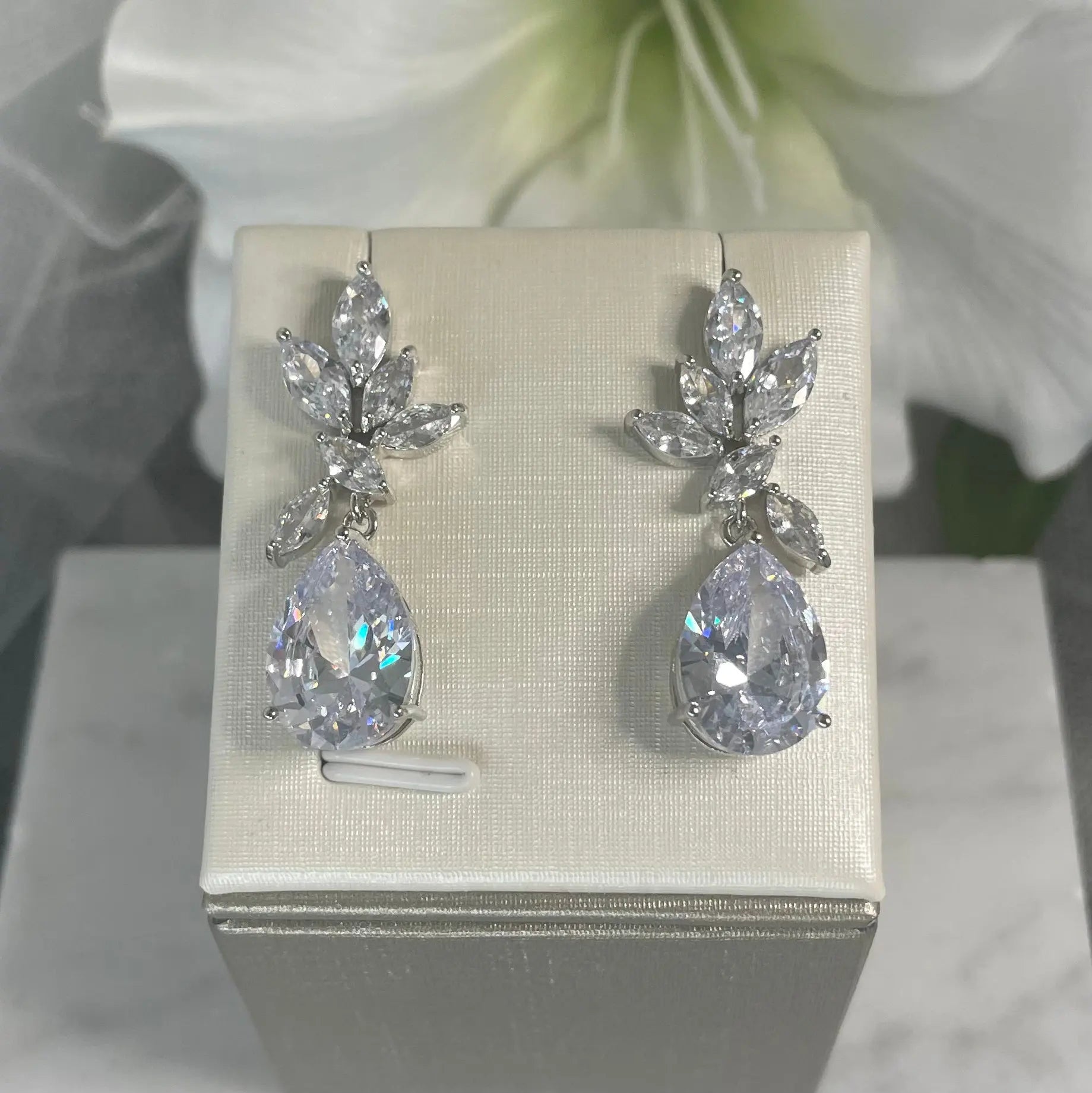 Dara Bridal Wedding Earrings with Leaf-Shaped CZ Stones and Water Drop Crystal - Divine Bridal