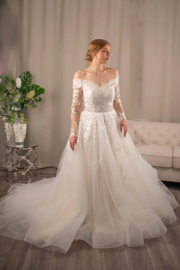 Diana Off the Shoulder Neckline Sleeve Lace Ballgown Wedding Dress