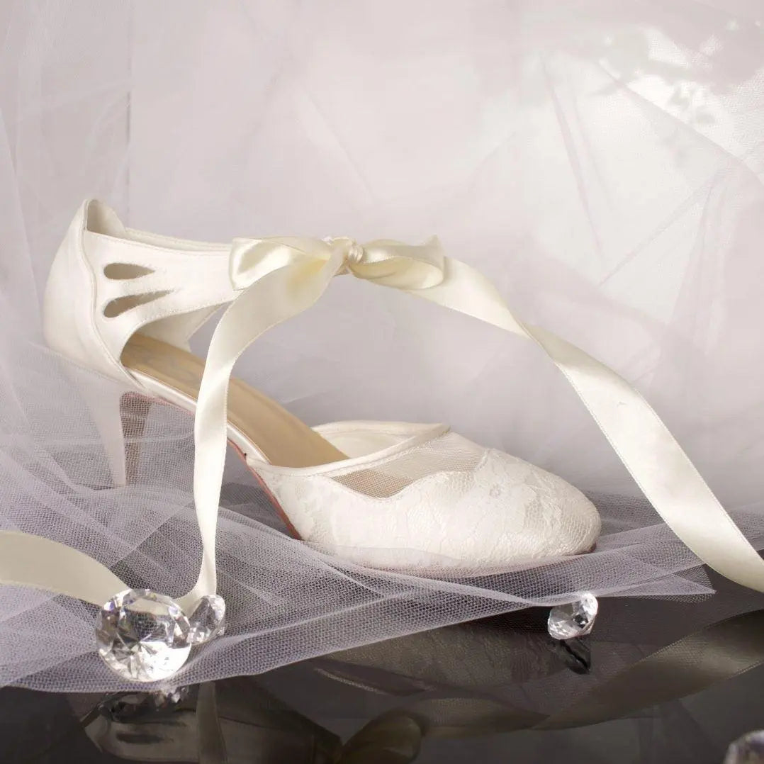 Elise Bridal Shoe Single Side View: Side view of one Elise Lace Closed Toe Ankle Strap Wedding Bridal Shoe showing the supportive back design.
