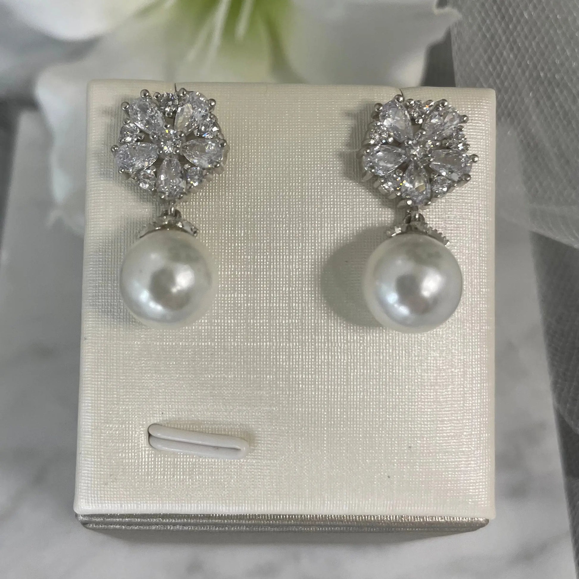 Elsie Bridal Earrings with CZ Flower and Pearl Dangle in Silver Plating - Divine Bridal