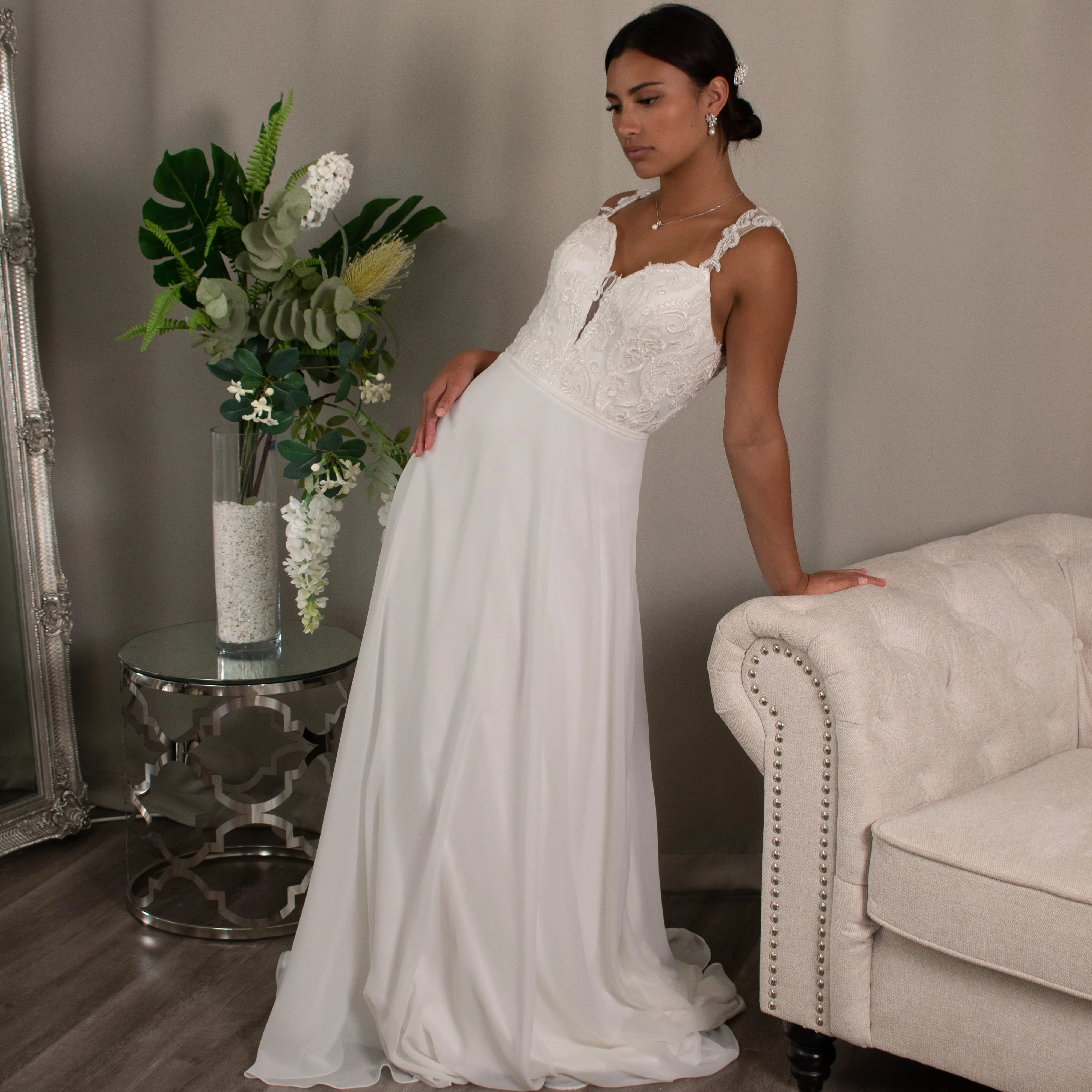 Evelyn A-line Bridal Gown with Lace Bodice by Divine Bridal.