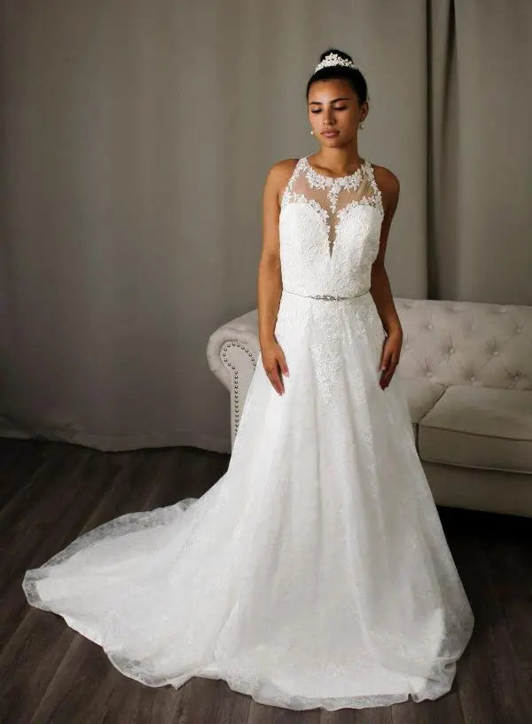 Fabiana high illusion neckline, Lace, A-line skirt & diamanté belt Bridal Wedding Dress