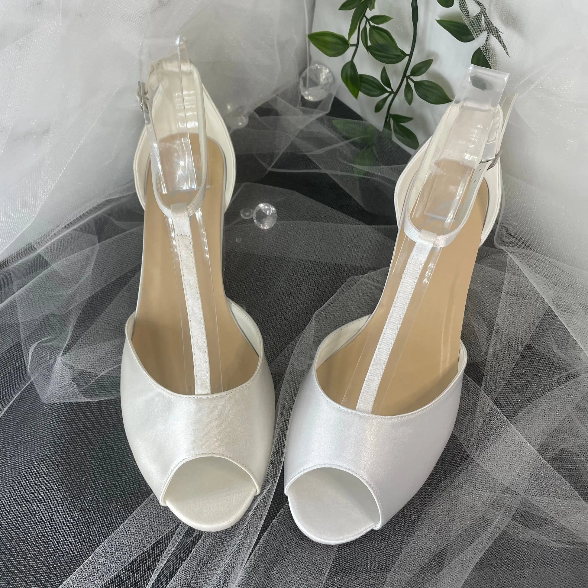 Flora Peep Toe T-bar Bridal Shoes with Ankle Strap on Tulle Background