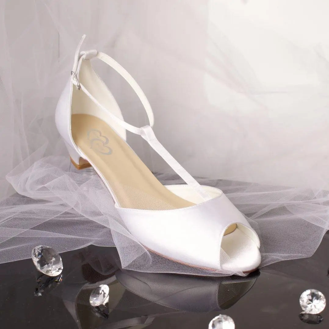 Flora Peep Toe T-bar Bridal Shoes with Ankle Strap on Tulle Background