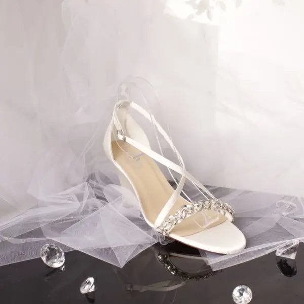 Giselle Open Toe Diamante Cross over Ankle Strap Wedding Bridal Wedge Shoe Divinebridal