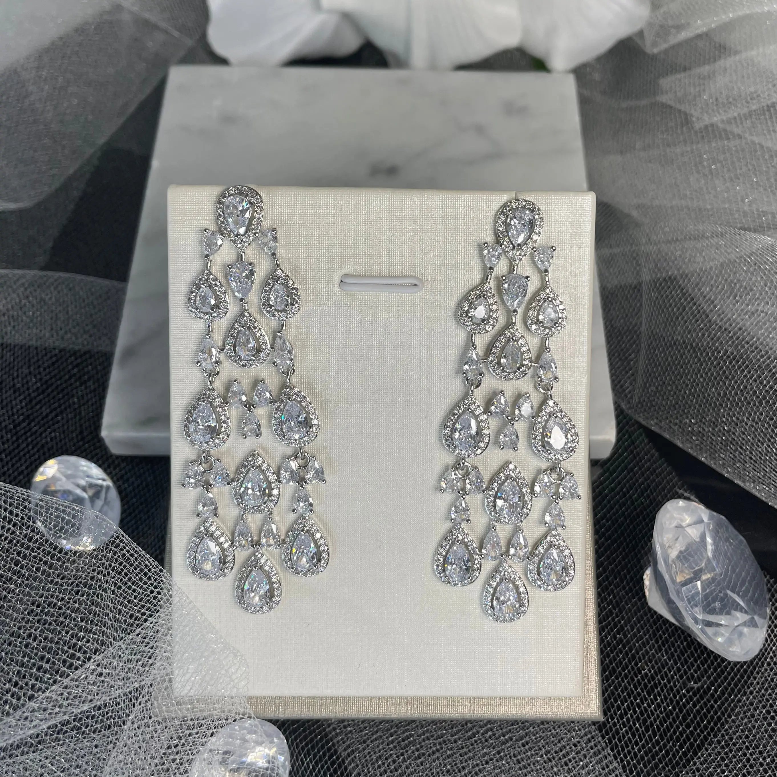 Elegant Gloria Chandelier Style Earrings with Shimmering Crystals - Divine Bridal