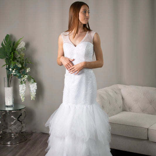 Harmony Beaded Tulle Debutante Dress with strap sweetheart neckline and mermaid silhouette.