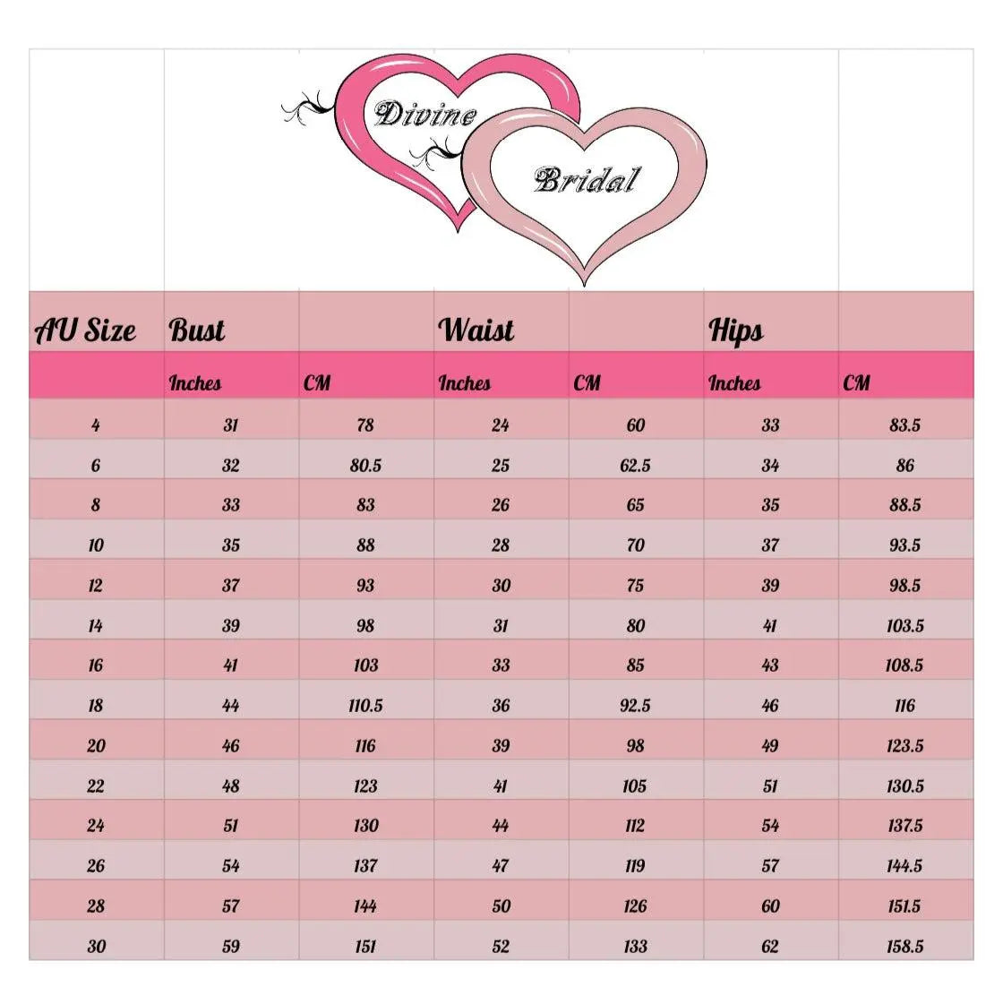 Hazel Bridal Gown Size Chart: Detailed size chart displaying measurements for sizes 4 to 30, ensuring the perfect fit for every bride.