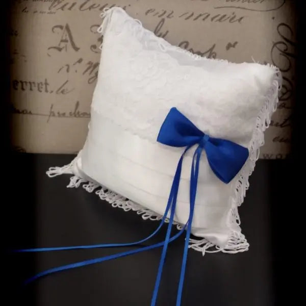Lace, Ribbon & Royal Blue Bow Wedding Ring Pillow Divinebridal