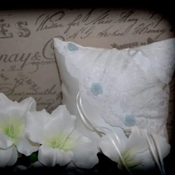 Lace & blue flower ring pillow Divinebridal