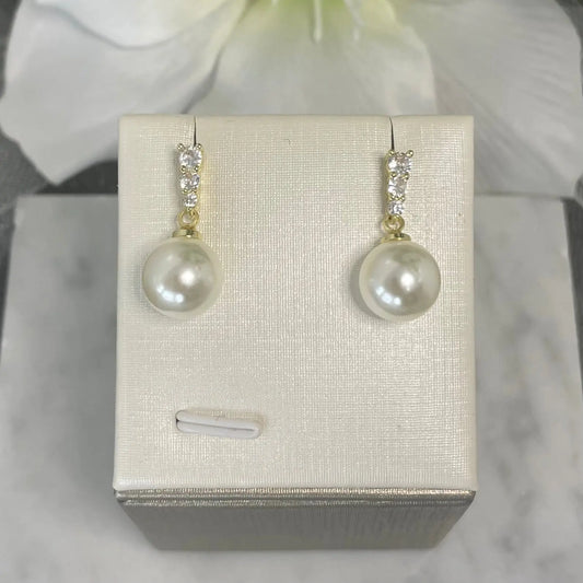 Lena Gold-Plated Wedding Earrings with Cushion-Cut Zircon and Pearl Stud - Divine Bridal