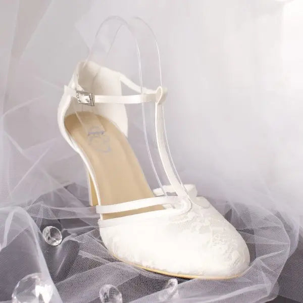 Misty Lace Closed Toe T-bar Ankle Strap Wedding Bridal Shoe Divinebridal