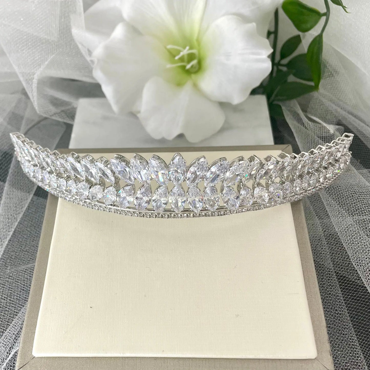 Pari Bridal Wedding Tiara in Silver, featuring stunning CZ crystals and intricate diamanté detail, crafted in Melbourne for brides seeking elegance and sophistication.