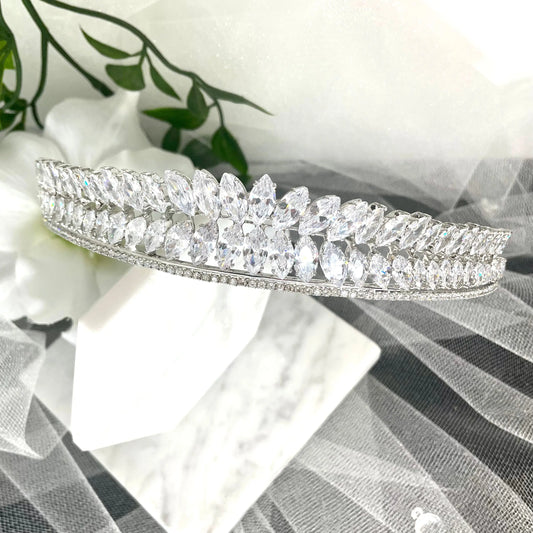 Pari Bridal Wedding Tiara in Silver, featuring stunning CZ crystals and intricate diamanté detail, crafted in Melbourne for brides seeking elegance and sophistication.