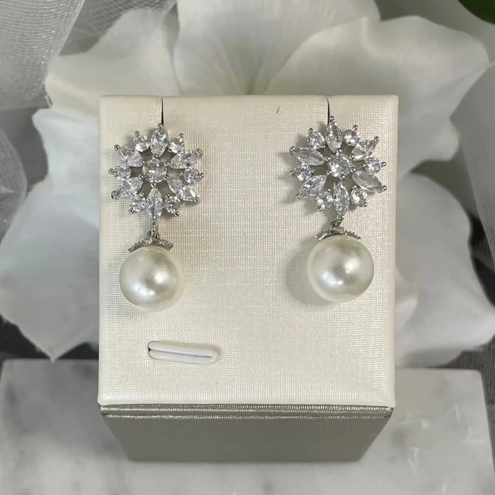 Pipa crystal pearl earrings featuring floral-inspired round crystals and a secure pearl drop, crafted in high-quality copper and zircon, available in gold and silver plating.