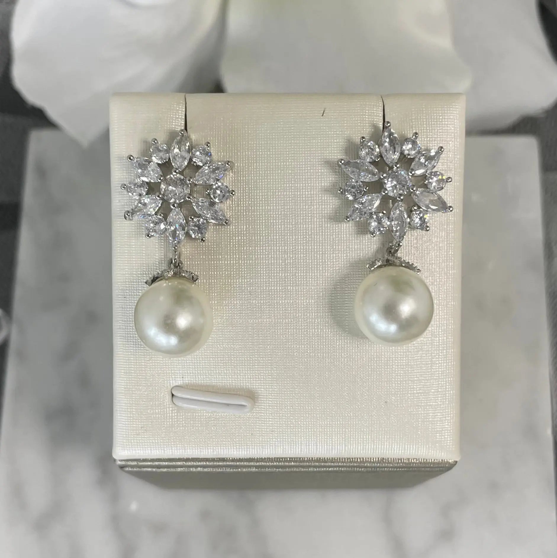 Pipa crystal pearl earrings featuring floral-inspired round crystals and a secure pearl drop, crafted in high-quality copper and zircon, available in gold and silver plating.