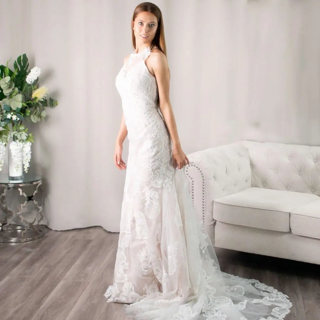 Rosalynn Vintage High Neck Lace Mermaid Wedding Gown by Divine Bridal.