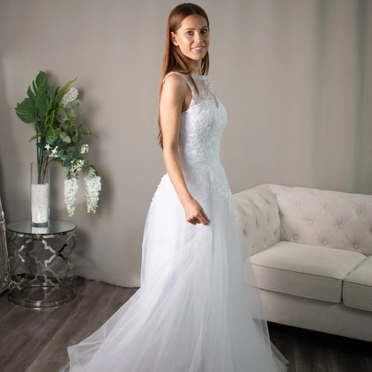 Sienna illusion sweetheart neckline lace appliqué Deb Dress Divine Bridal