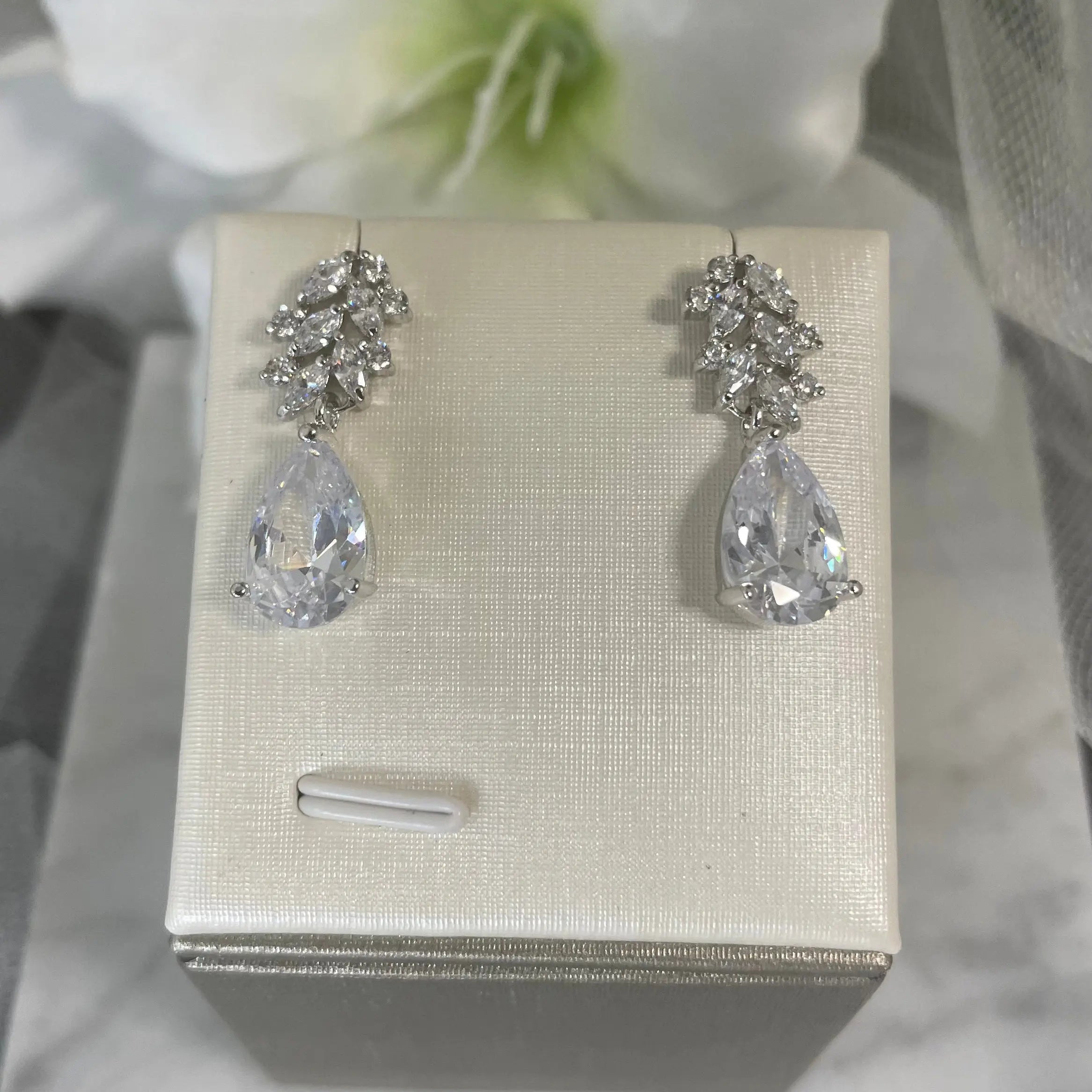 Tess Bridal Earrings with Clear Crystal Drop and Leaf Cluster Detailing - Divine Bridal