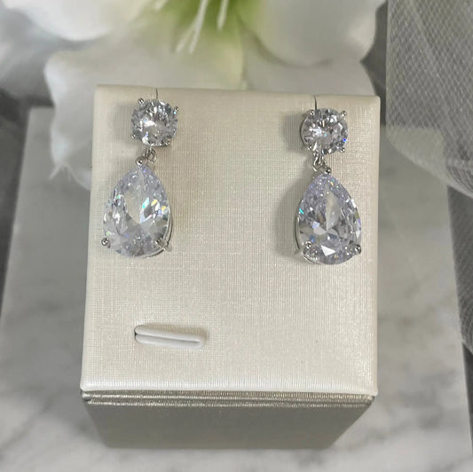 Zoe Silver CZ Drop Bridal Wedding Earrings: Elegant bridal earrings featuring round and pear-shaped AAA zircon stones, perfect for weddings and special occasions.
