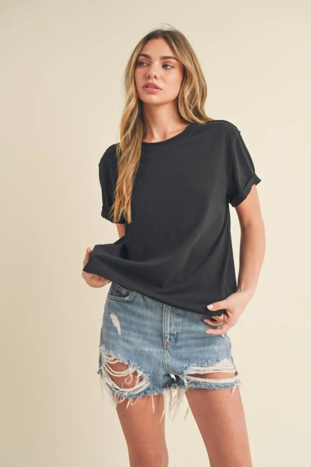 Aemi + Co Exposed Seam Round Neck Short Sleeve T-Shirt - Divine Bridal