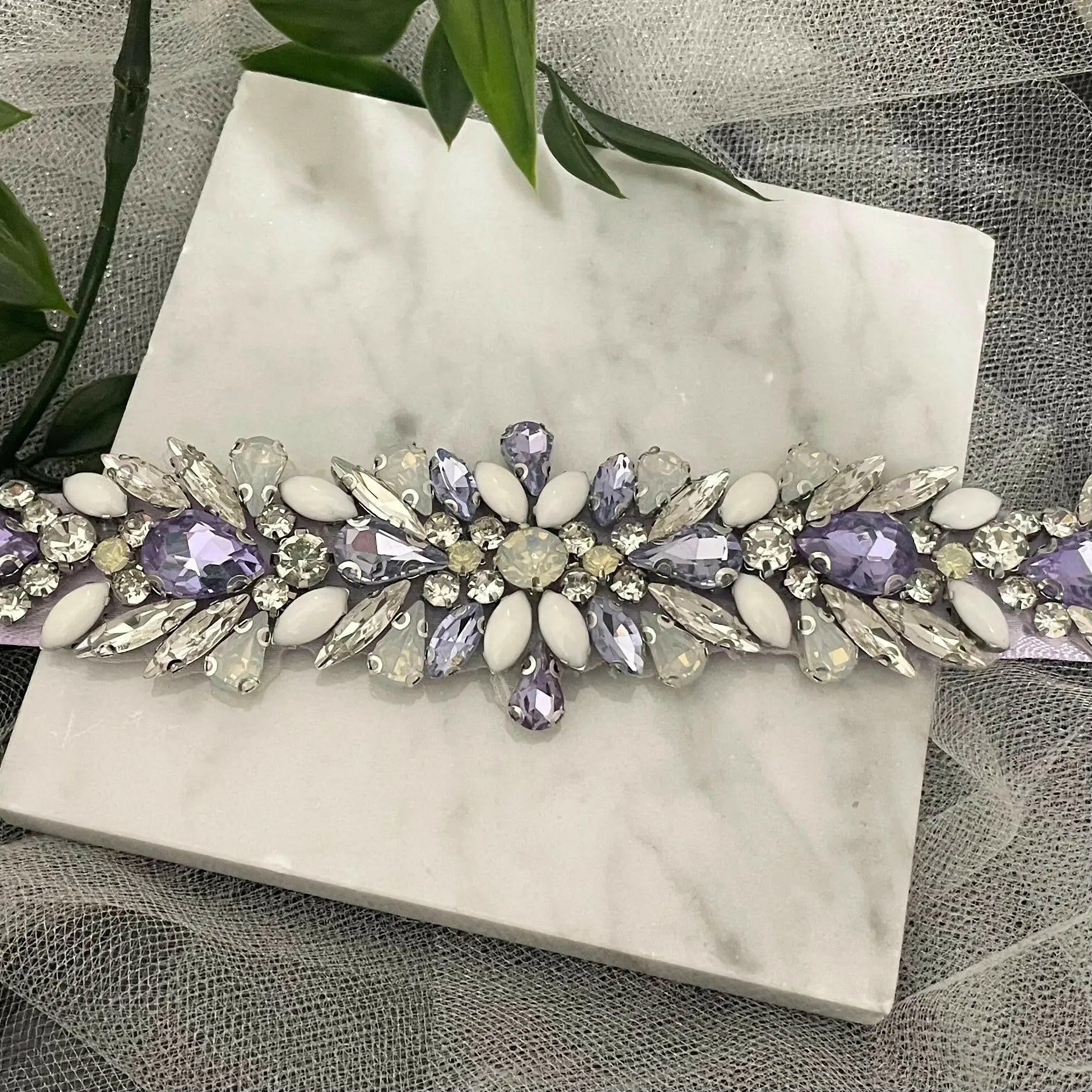 Amara silver white Diamanté bridal lilac belt - Elegant sparkly Wedding accessory.