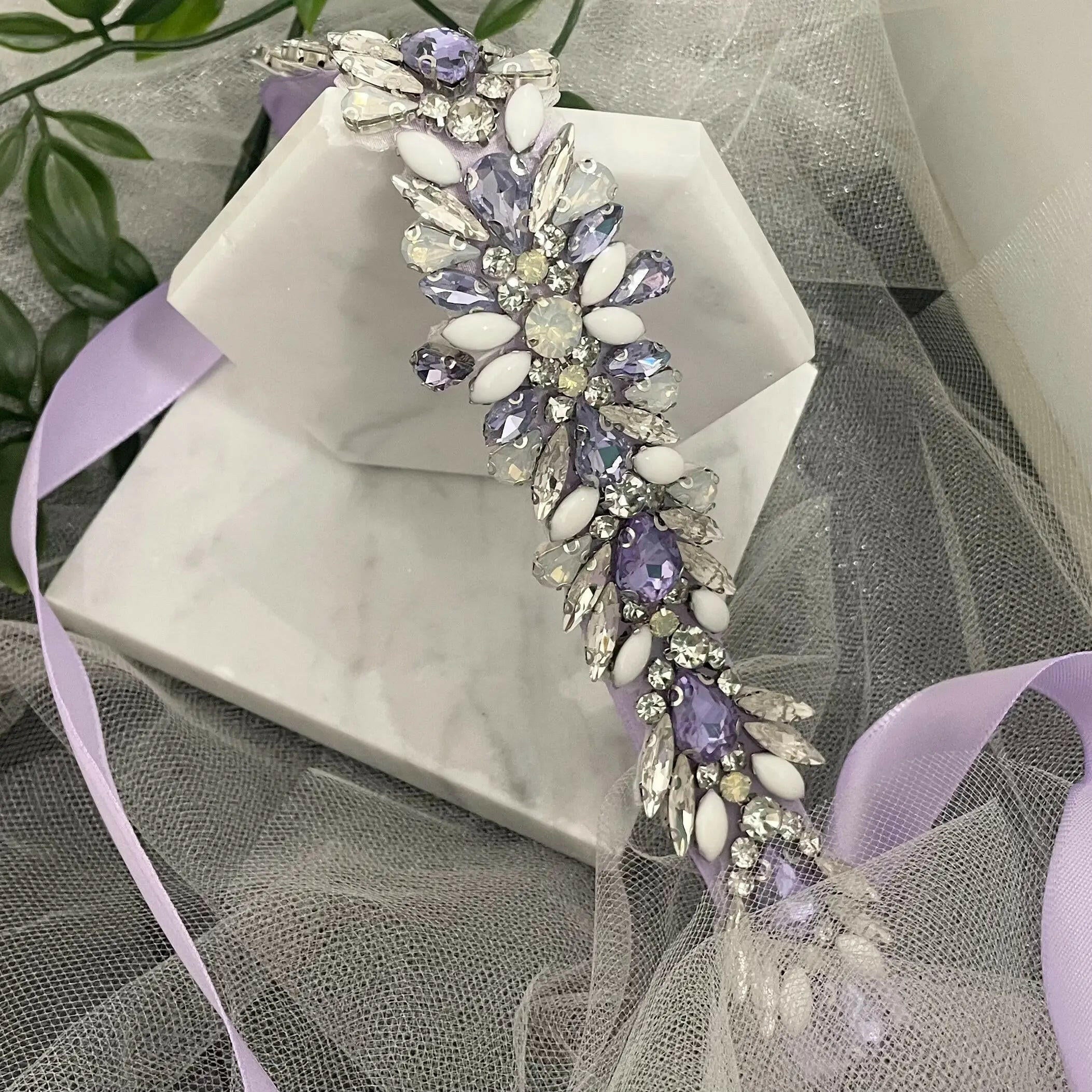 Amara silver white Diamanté bridal lilac belt - Elegant sparkly Wedding accessory.