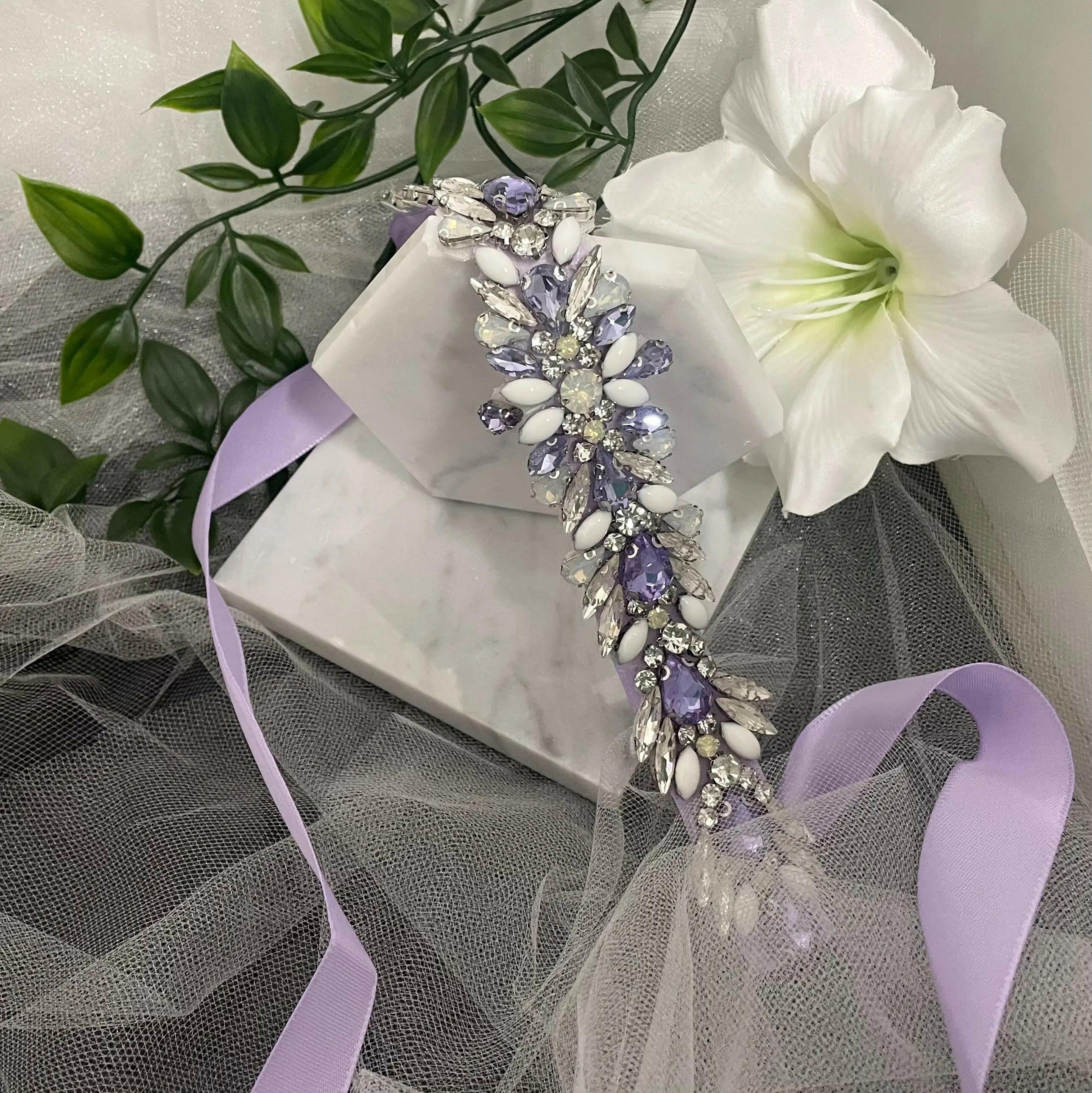 Amara silver white Diamanté bridal lilac belt - Elegant sparkly Wedding accessory.