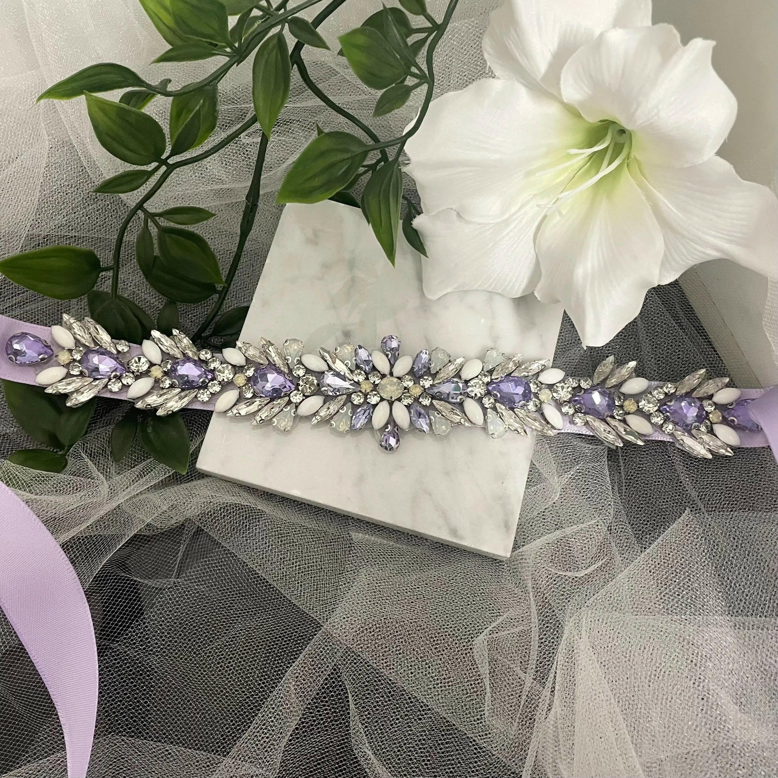 Amara silver white Diamanté bridal lilac belt - Elegant sparkly Wedding accessory - Divine Bridal