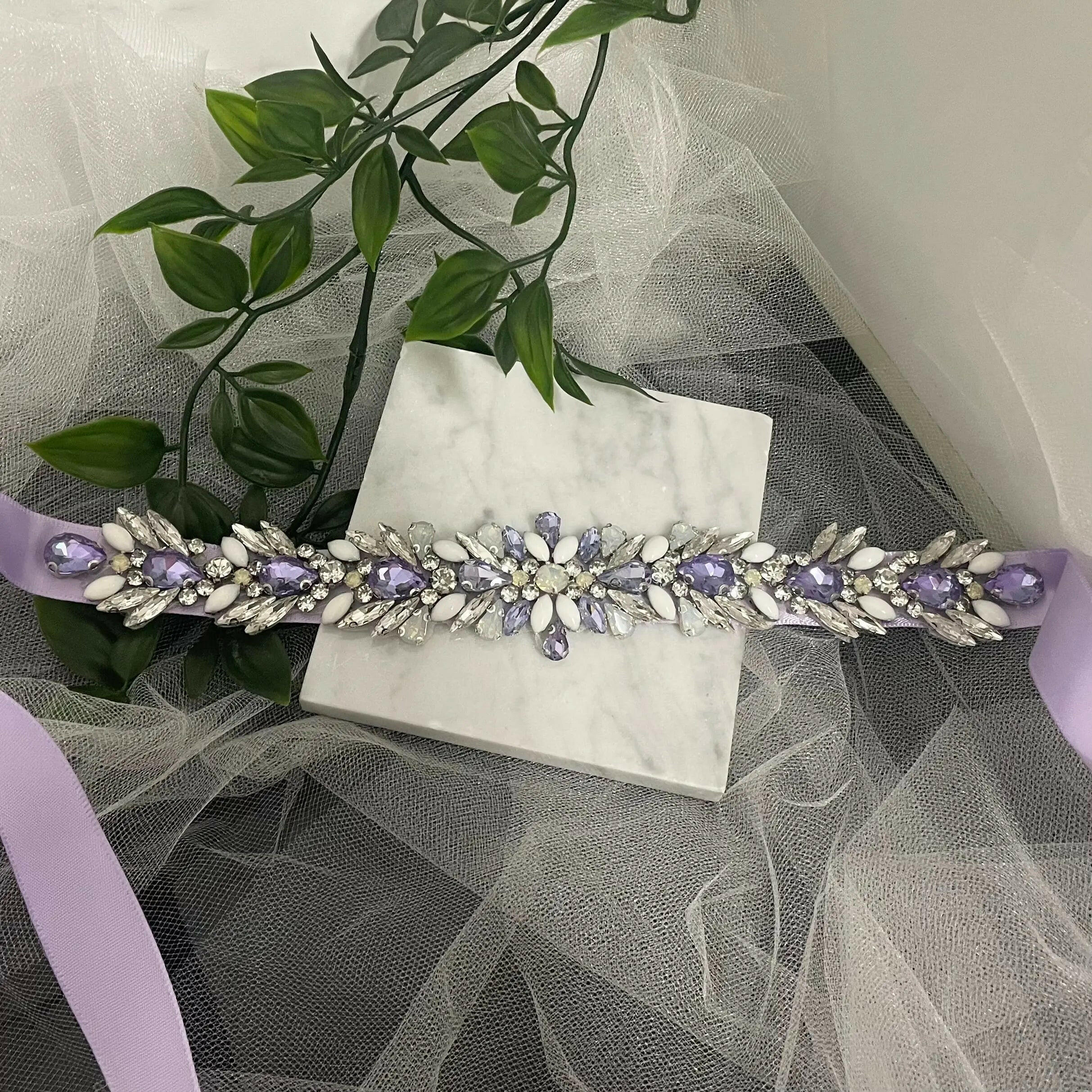 Amara silver white Diamanté bridal lilac belt - Elegant sparkly Wedding accessory - Divine Bridal