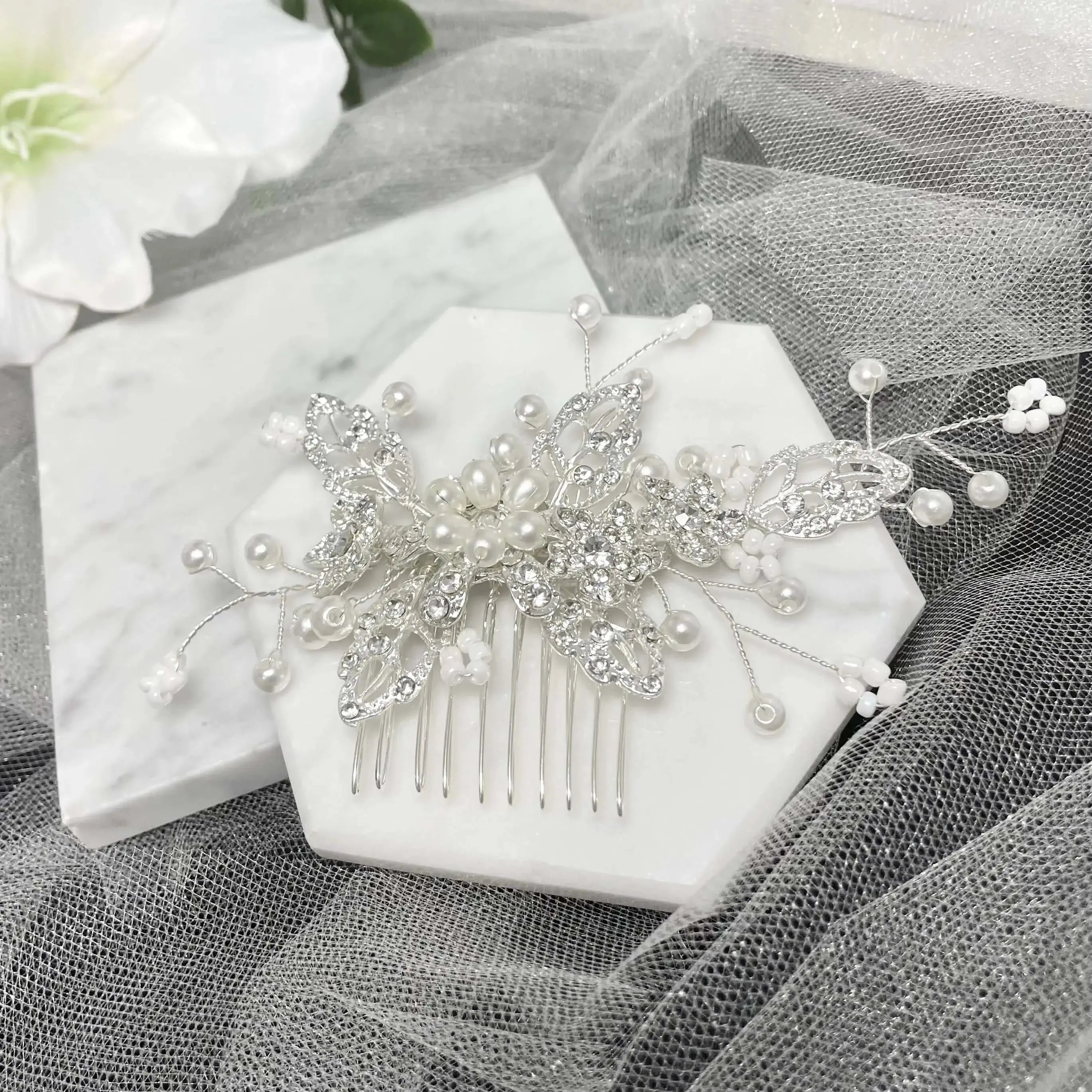 Betty Pearl Silver Leaf Hair Comb hair accessories for wedding online - Divine Bridal