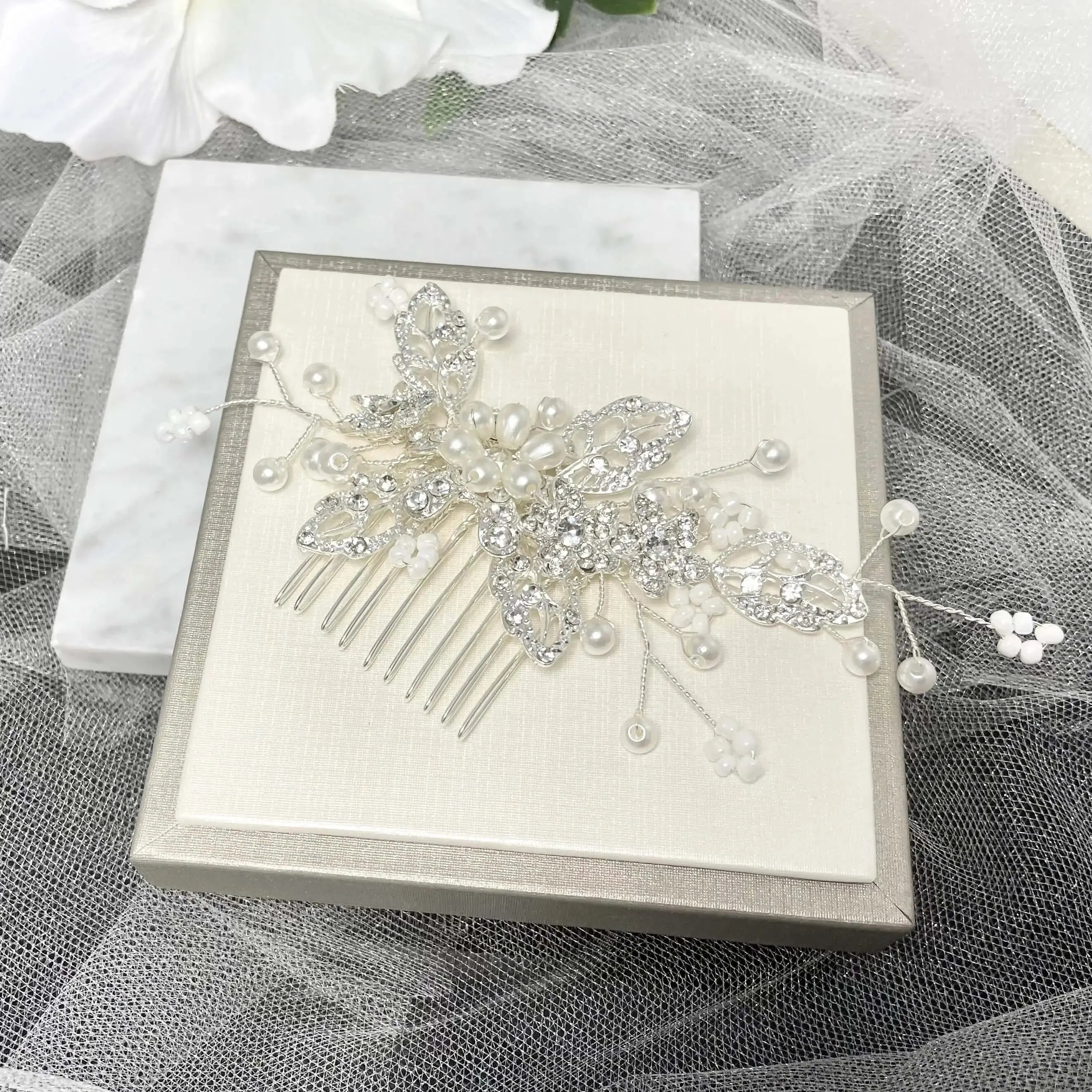 Betty Pearl Silver Leaf Hair Comb hair accessories for wedding online - Divine Bridal