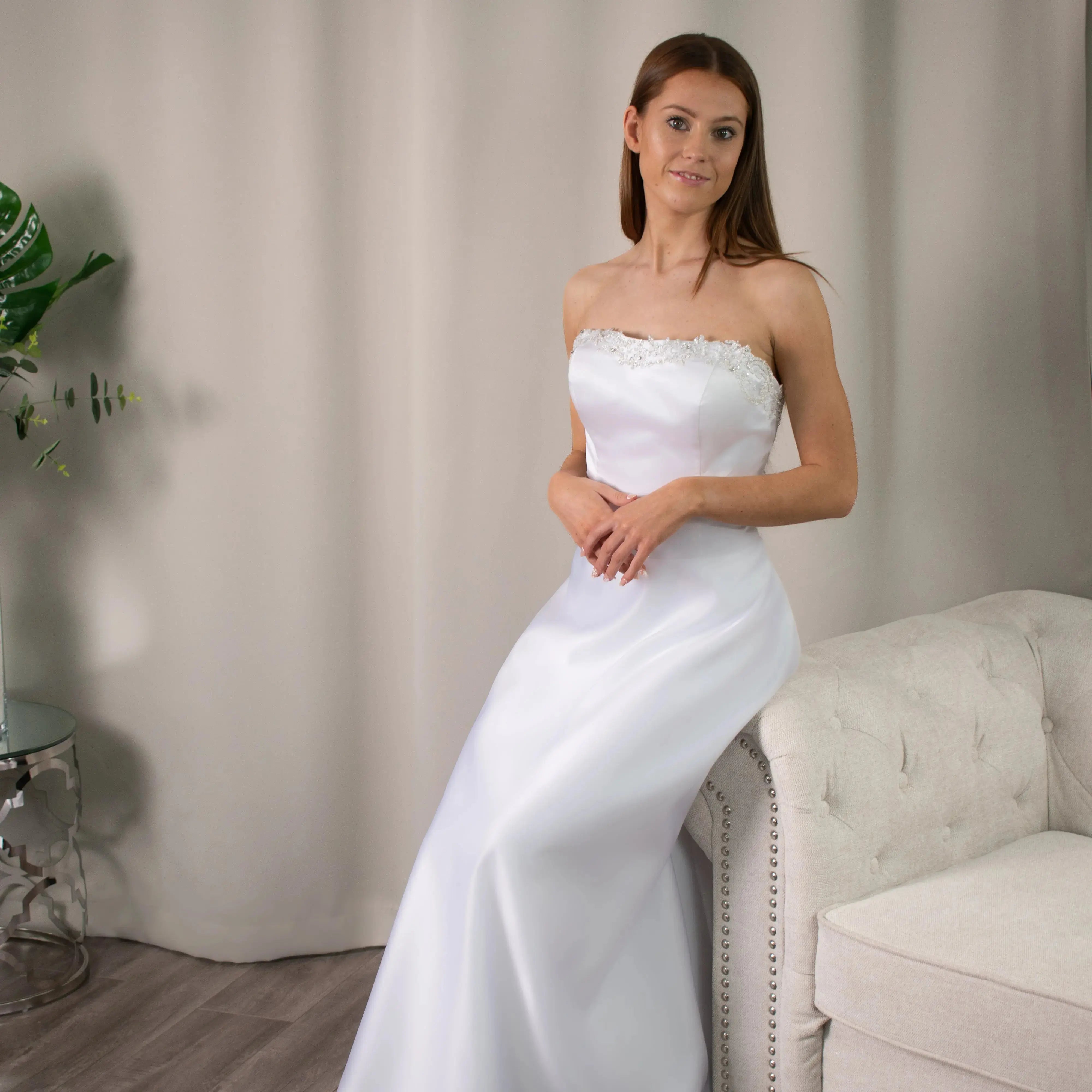 Brittany - Strapless A - line Debutante Dress with Beaded Neckline - Divine Bridal