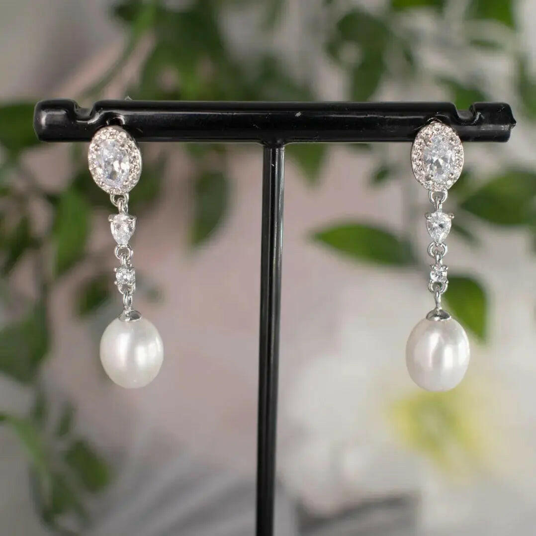 Carrie Sterling Silver Pearl Drop Bridal Earrings | Divine Bridal.