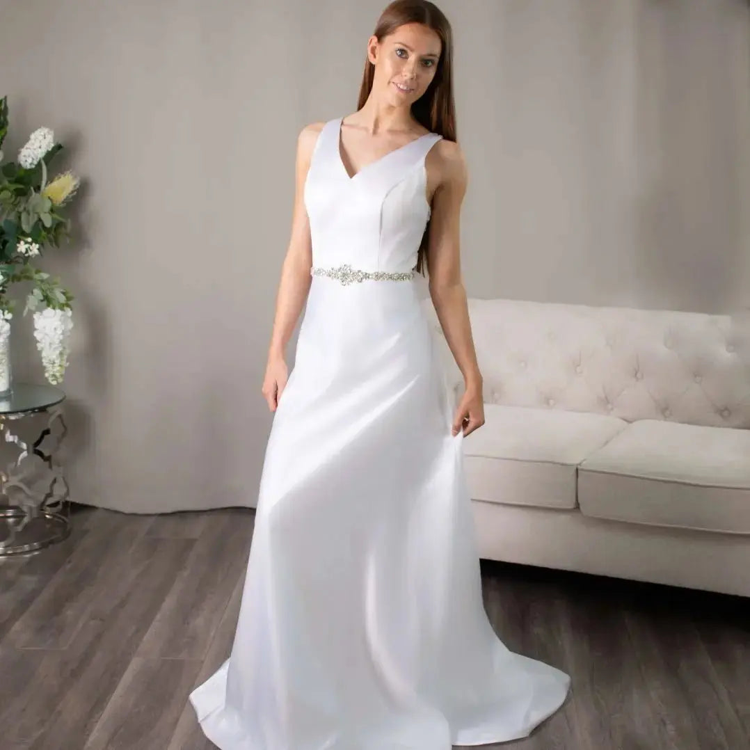 Edith - Elegant V - Neck Debutante Dress with Beaded Back - Divine Bridal