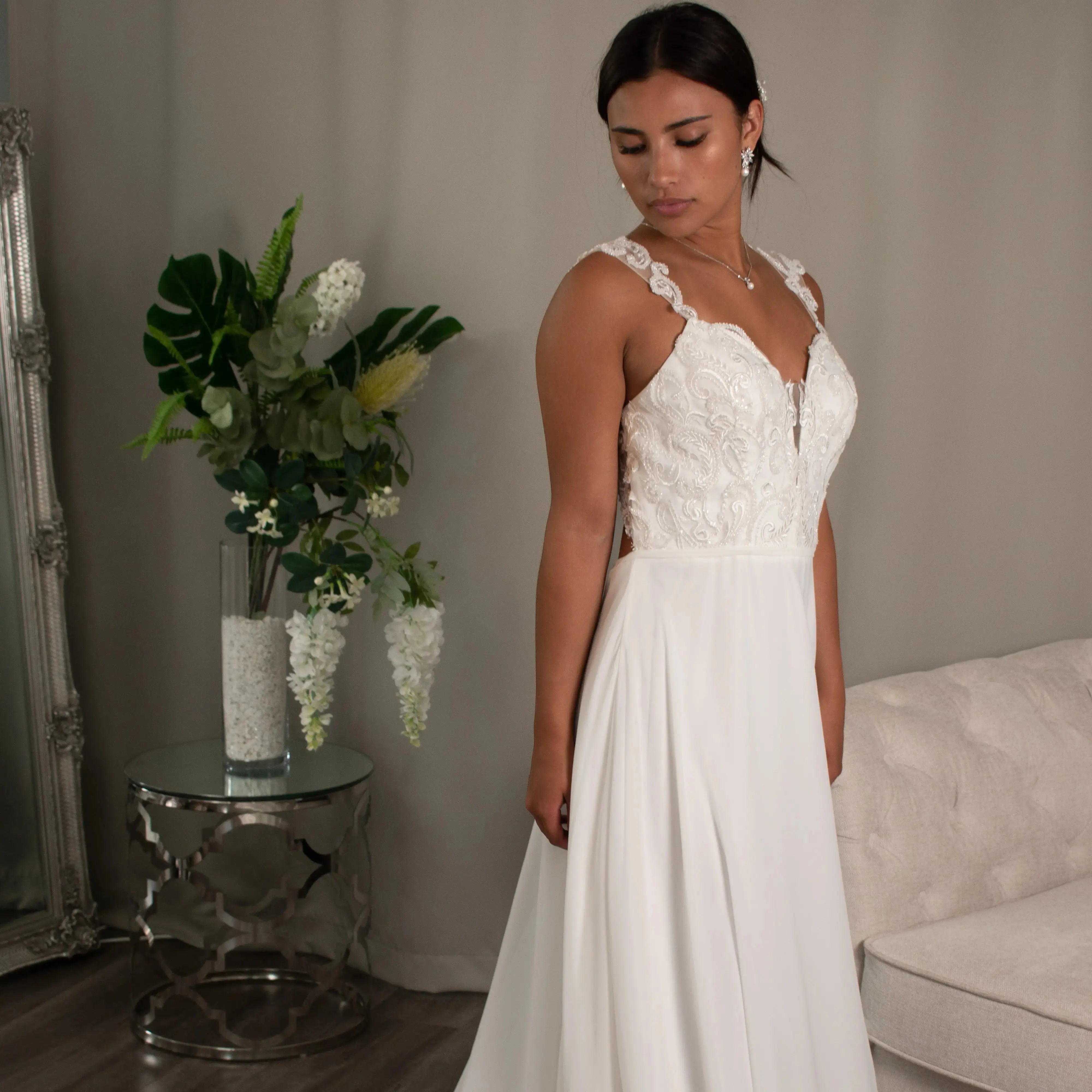 Evelyn: A - line Lace Bodice Bridal Gown - Divine Bridal