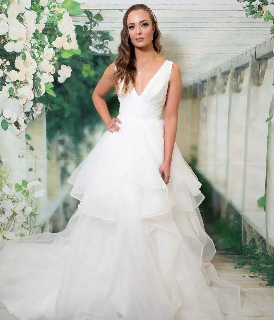 Gabriella V - neckline Layered Skirt Bridal Wedding Dress - Divine Bridal