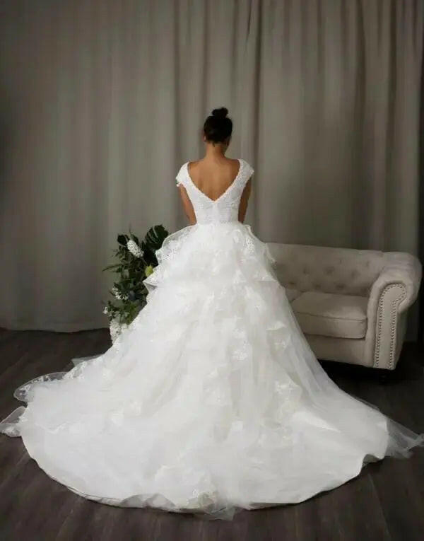 Lucille: V - neck Lace Ball Gown Bridal Dress - Divine Bridal