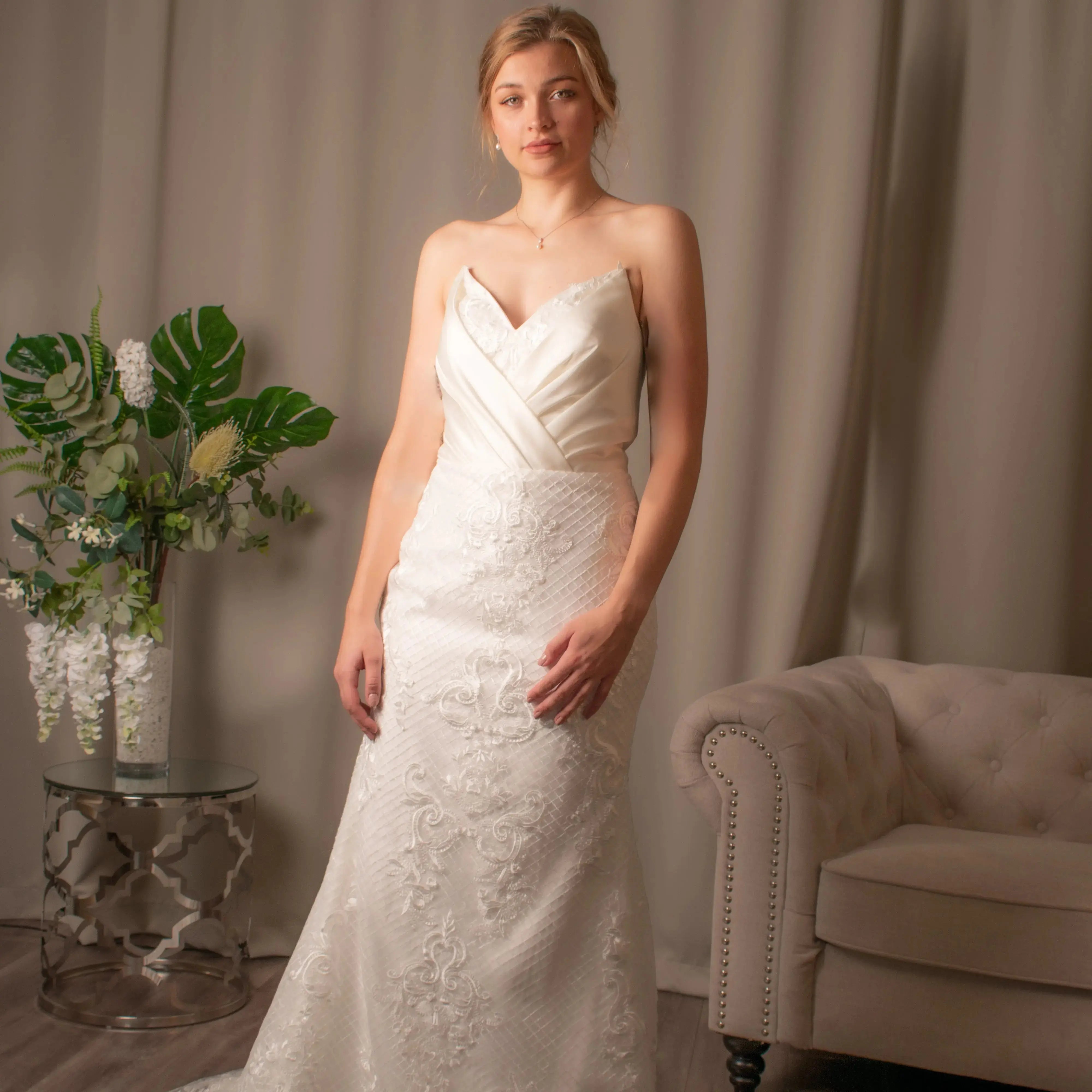 Mia Lace V-Neck fit and flare Bridal Gown.