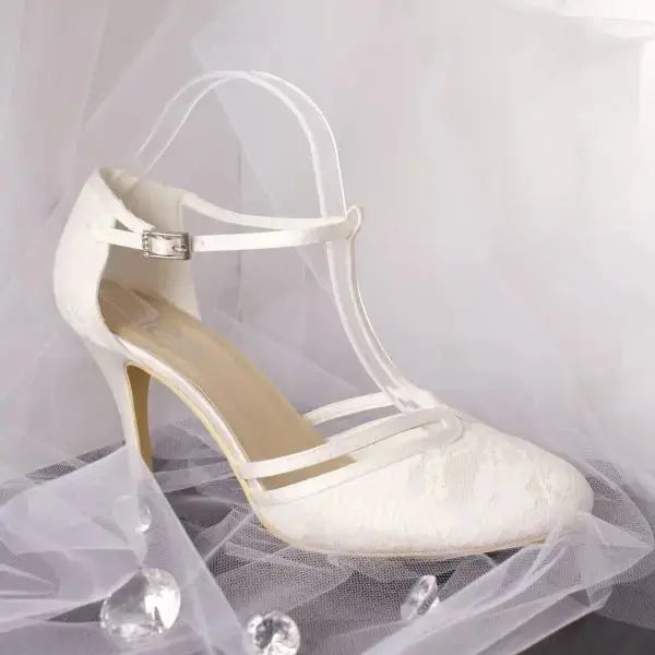 Misty Lace Closed Toe T - bar Ankle Strap Wedding Bridal Shoe - Divine Bridal