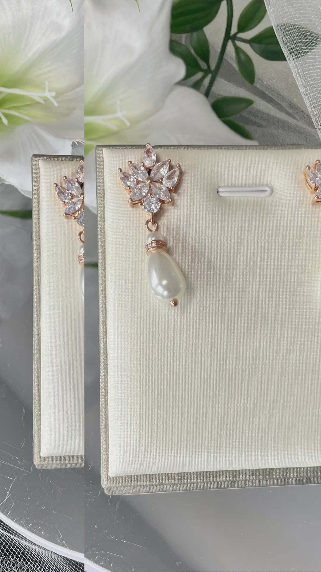 Elegant Lorraine Crystal Pearl Wedding Earrings in Rose Gold and Silver by Divine Bridal