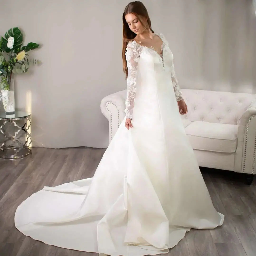 Samantha 3D Lace Sleeve Wedding Dress - Divine Bridal